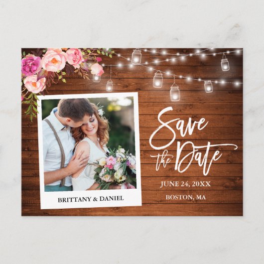Instant Camera Wood Pink Floral Jars Save the Date Briefkaart (Voorkant)