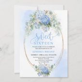 Instant Download Blue Floral Gold Sweet 16 Invite Kaart (Voorkant)