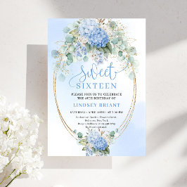 Instant Download Blue Floral Gold Sweet 16 Invite Kaart