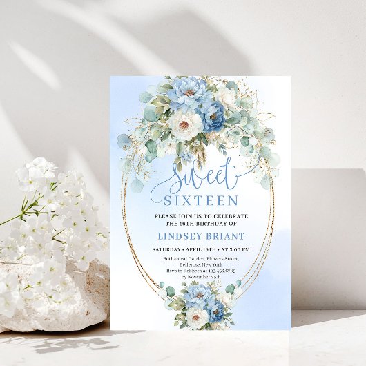 Instant Download Dusty Blue Peony Gold Sweet 16   Kaart