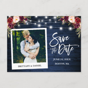 Instant foto Blauw Hout Bloemen Save The Date Briefkaart