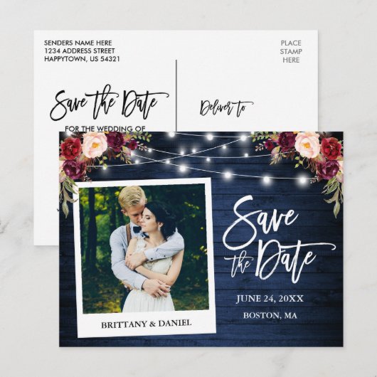 Instant foto Blauw Hout Bloemen Save The Date Briefkaart (Voorkant / Achterkant)