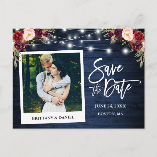 Instant foto Blauw Hout Bloemen Save The Date Briefkaart (Voorkant)