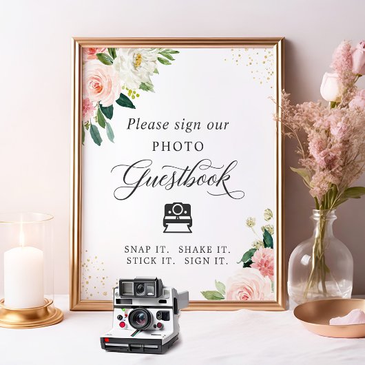 Instant Foto Gastensignaturenboek Roze Bloemen Poster