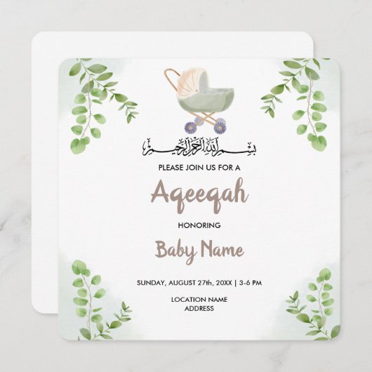 Instant Modern Chic Aqeeqah Aqiqah Nodig Kaart uit (Voorkant / Achterkant)