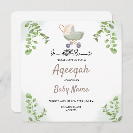 Instant Modern Chic Aqeeqah Aqiqah Nodig Kaart uit (Voorkant / Achterkant)