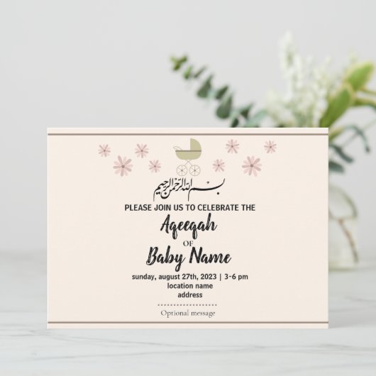 Instant Modern Leuk Meisje Aqeeqah Uitnodiging Kaa (Staand voorkant)