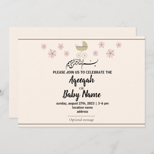 Instant Modern Leuk Meisje Aqeeqah Uitnodiging Kaa (Voorkant / Achterkant)
