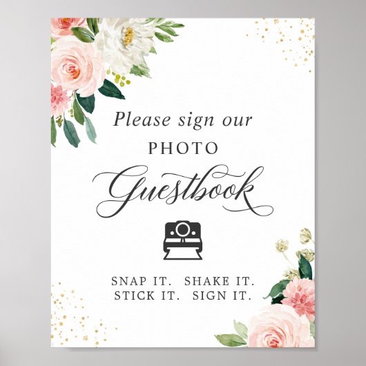 Instant Photo Guestbook Sign Blush Pink Floral Poster (Voorkant)
