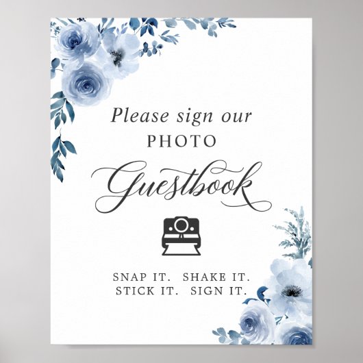 Instant Photo Guestbook Sign Dusty Blue Floral Poster (Voorkant)