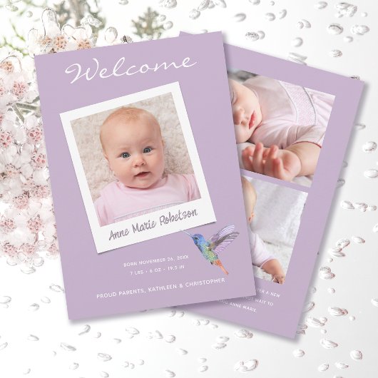 Instant Photo Modern Multiple Photo Paars Birth Aankondiging