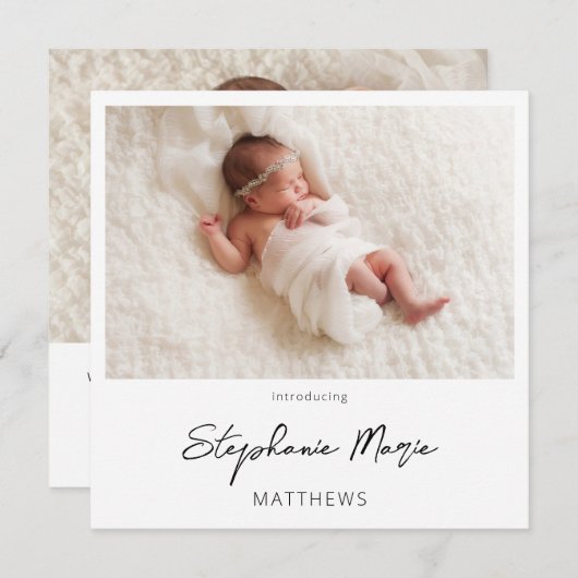 Instant Two Photo Birth Announcement 3 Kaart (Voorkant / Achterkant)