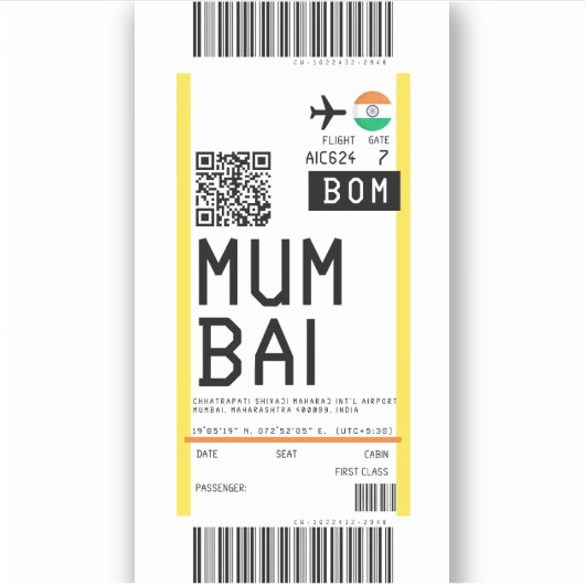 Instapkaart naar Mumbai (BOM) Sticker (Voorkant)