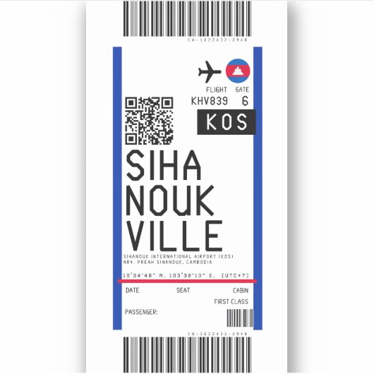 Instapkaart naar Sihanoukville (KOS) Sticker (Voorkant)