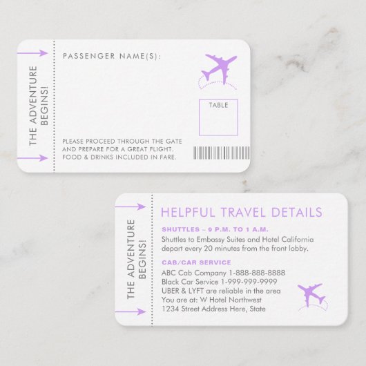 Instapkaart Pass Ticket Place Card Lila Paars (Voorkant / Achterkant)