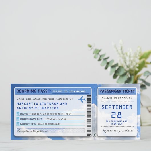 instapkaart save the date tickets met lucht wolk (Staand voorkant)