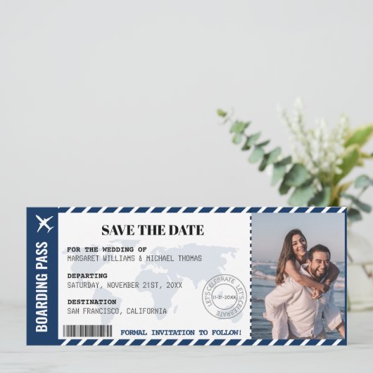 Instapkaart Save The Date Wereldkaart Ticket (Staand voorkant)