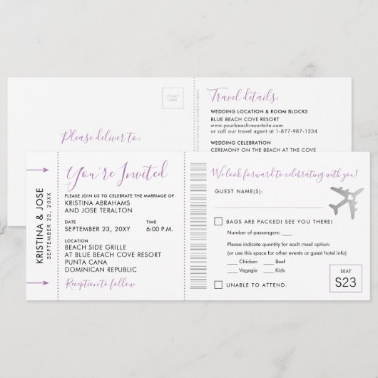 Instapkaart Ticket All-In-One Uitnodiging Lila (Voorkant / Achterkant)