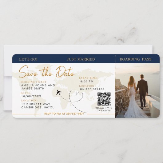 Instapkaart Vliegticket Save The Date Wedding Kaart (Voorkant)