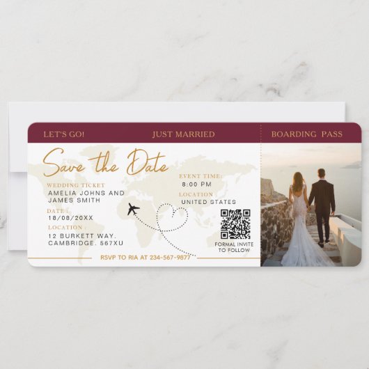 Instapkaart Vliegticket Save The Date Wedding Kaart (Voorkant)