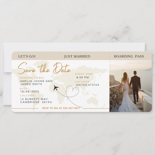 Instapkaart Vliegticket Save The Date Wedding Kaart (Voorkant)