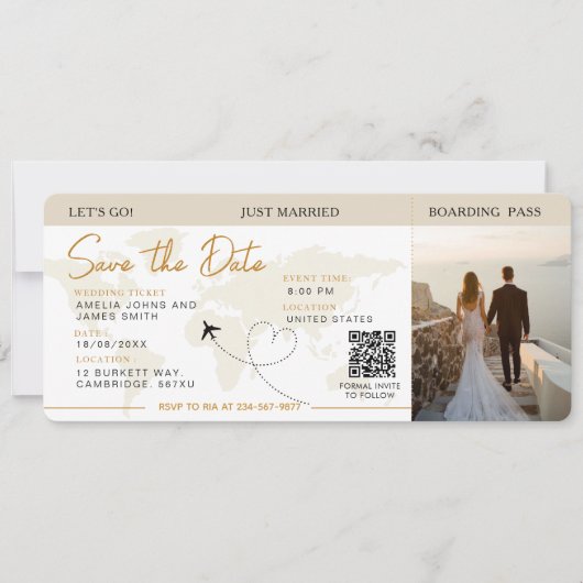 Instapkaart Vliegticket Save The Date Wedding Kaart (Voorkant)