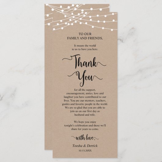 Instelling van de eetplek Dank u wel, Rustic Kraft Programmakaart (Voorkant / Achterkant)