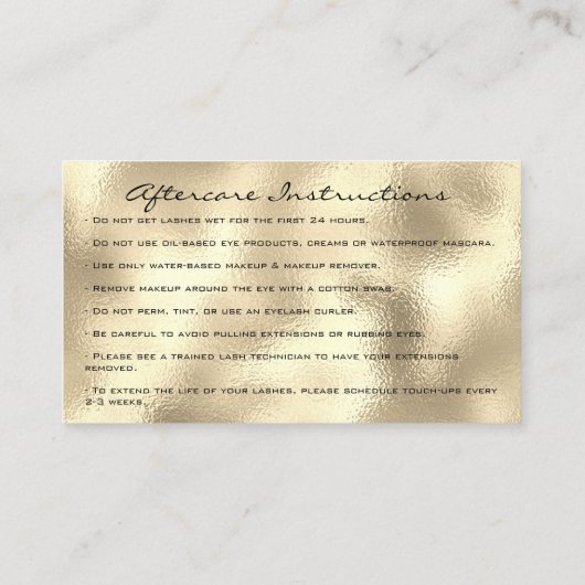 Instructies voor de nazorg - Lashes Champaigne Gol Visitekaartje (Achterkant)