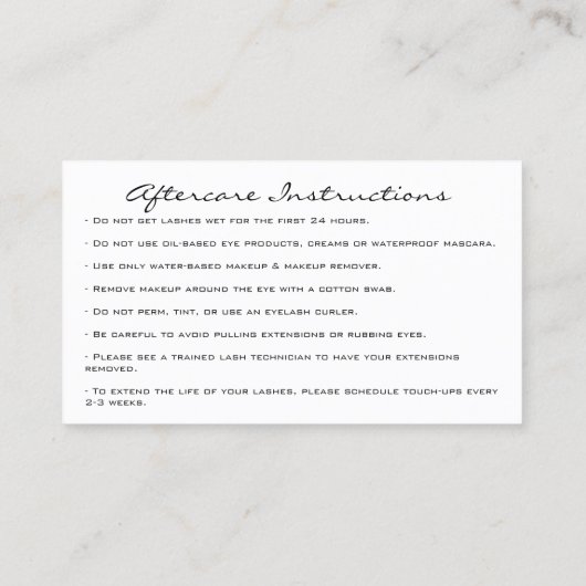 Instructies voor gebruik na Roos Lash White Driver Visitekaartje (Achterkant)