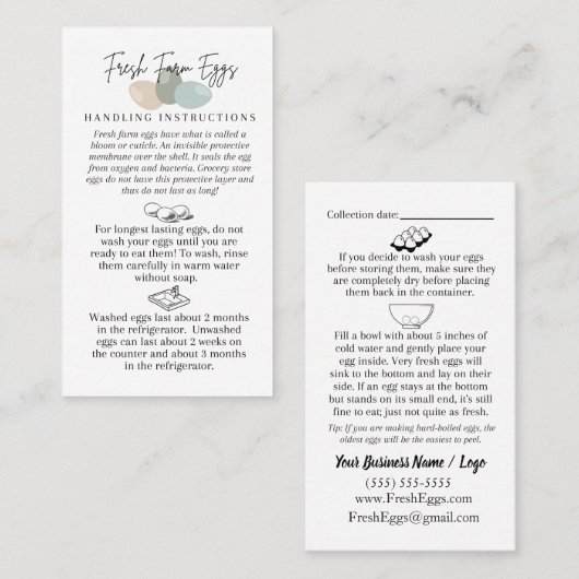 Instructies voor het behandelen van eieren in Boer Visitekaartje (Voorkant / Achterkant)