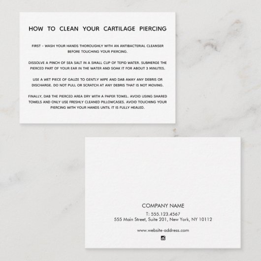 Instructies voor het doorboren van kraakbeen visitekaartje (Voorkant / Achterkant)