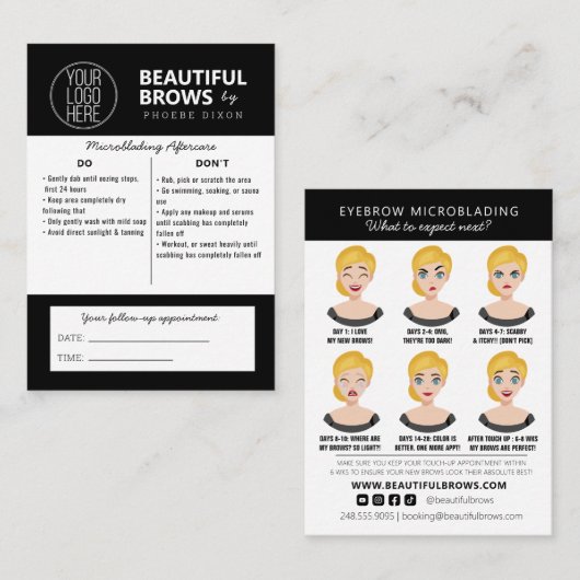 Instructies voor microblading in de nazorg en beno visitekaartje (Voorkant / Achterkant)
