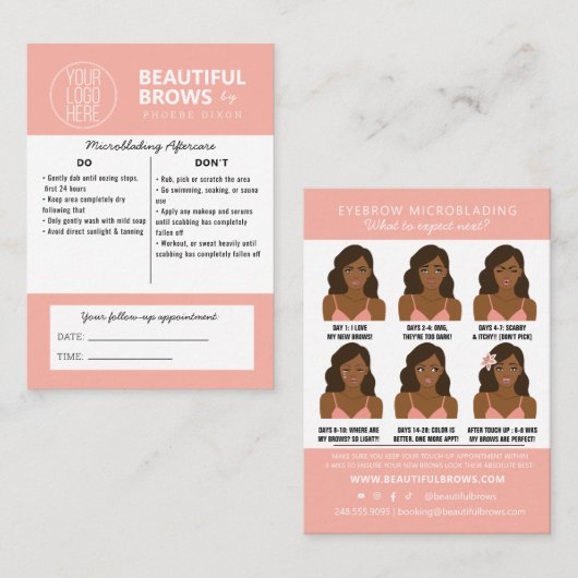 Instructies voor microblading in de nazorg en beno visitekaartje (Voorkant / Achterkant)