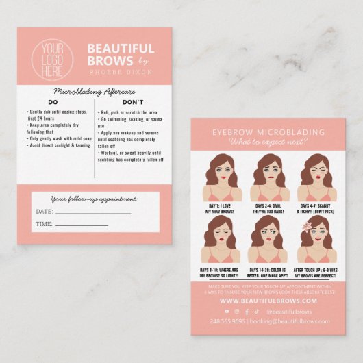 Instructies voor microblading in de nazorg en beno visitekaartje (Voorkant / Achterkant)