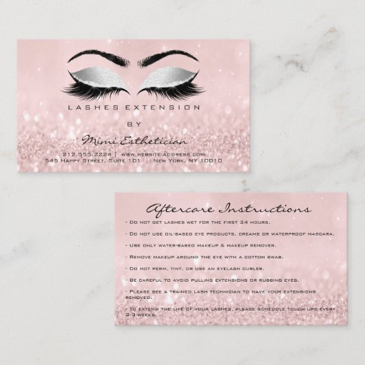 Instructies voor nazorg Lashes Roze Glitter Grey Visitekaartje (Voorkant / Achterkant)