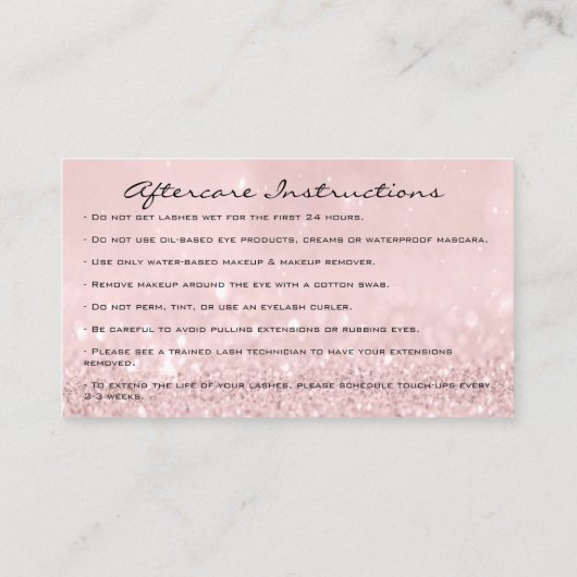 Instructies voor nazorg Lashes Roze Glitter Grey Visitekaartje (Achterkant)