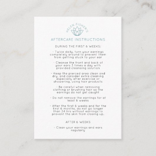 Instructies voor nazorg oor piercing kortingskaartje (Voorkant)