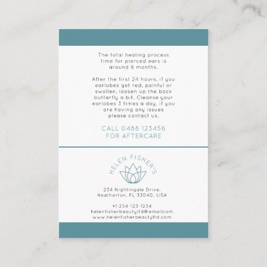 Instructies voor nazorg oor piercing kortingskaartje (Achterkant)