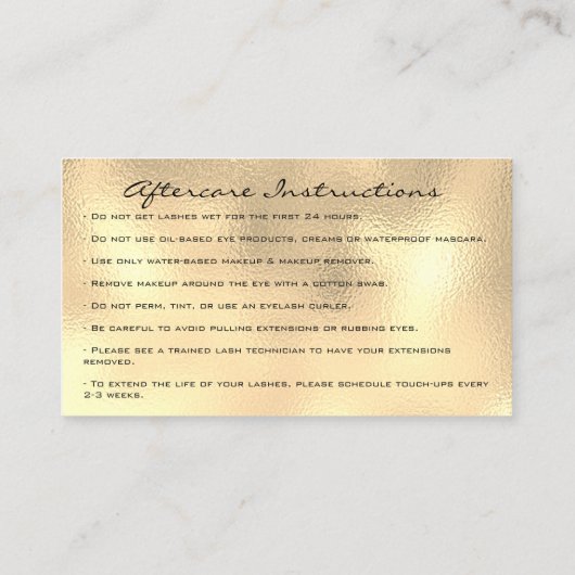 Instructies voor nazorg, streepjes metaal goud visitekaartje (Achterkant)