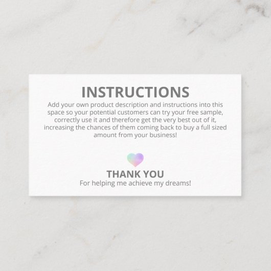 Instructies voor pasta-vrije monsterflesjes visitekaartje (Achterkant)