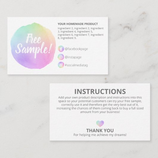 Instructies voor pasta-vrije monsterflesjes visitekaartje (Voorkant / Achterkant)