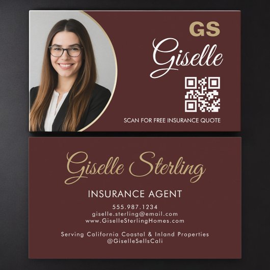 Insurance Agent Burgundy Gold Photo QR Code  Visitekaartje