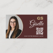 Insurance Agent Burgundy Gold Photo QR Code  Visitekaartje (Voorkant)
