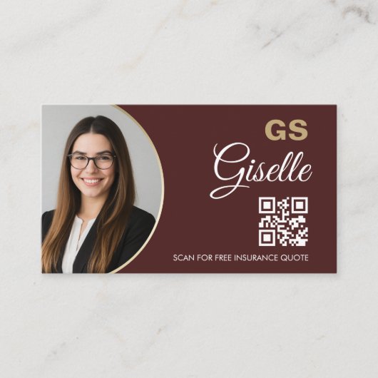 Insurance Agent Burgundy Gold Photo QR Code  Visitekaartje (Voorkant)