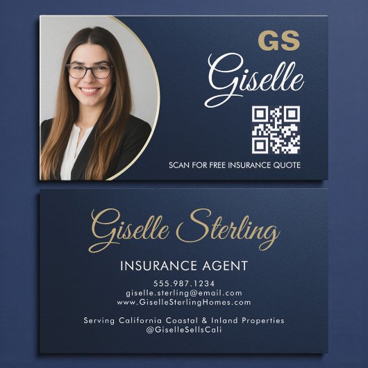 Insurance Agent Navy Blue Gold Photo Metallic Visitekaartje
