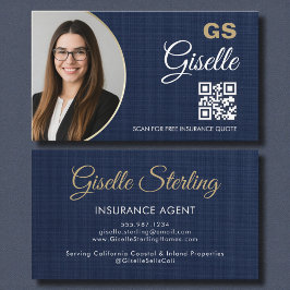 Insurance Agent Navy Blue Gold Photo QR Code Linen Visitekaartje