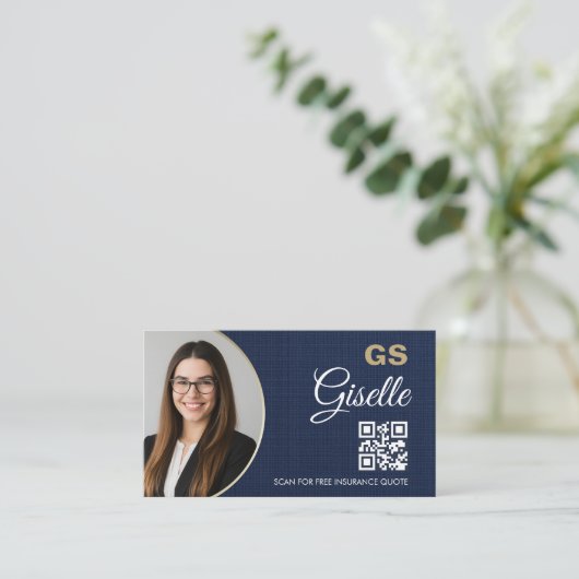 Insurance Agent Navy Blue Gold Photo QR Code Linen Visitekaartje (Staand voorkant)