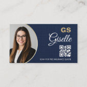 Insurance Agent Navy Blue Gold Photo QR Code Linen Visitekaartje (Voorkant)