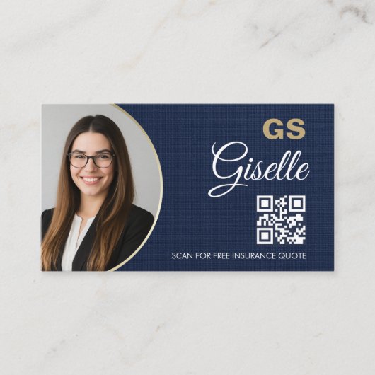 Insurance Agent Navy Blue Gold Photo QR Code Linen Visitekaartje (Voorkant)