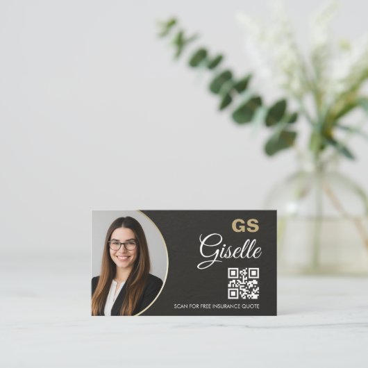 Insurance Agent Slate Stone Black Photo QR Code  Visitekaartje (Staand voorkant)